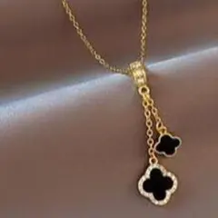 ダブル クローバー ブラック ゴールド チェーン ネックレス 韓国 C451-1