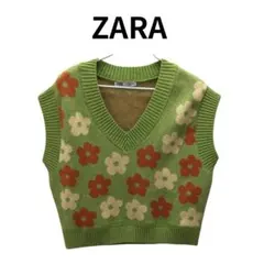 ZARA ザラ ノースリーブ ニットベスト グリーン Vネック 花柄ジャカード