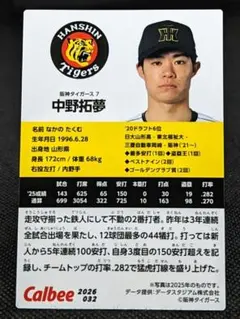 中野拓夢 阪神タイガース プロ野球チップスカード 2026