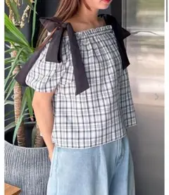 INGNI肩リボンチェック柄オフショルBL イング