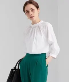 greenlabelrelaxingコットンブロードスタンドギャザー ブラウス