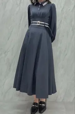 dazzlin バイカラーラインシャツワンピース ネイビー M 秋冬 量産