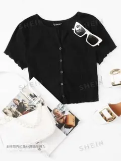 SHEIN EZwear ボタンフロント レタストリム リブニット Tシャツ