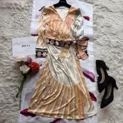 EMILIO PUCCI プッチ柄ワンピース ベルト付き 半袖 膝丈 スナップ