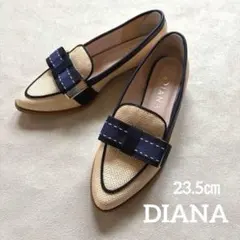 【美品】DIANAダイアナリボン付き ローファーパンプス ラフィア調23.5cm