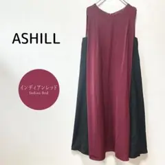 アシール ノースリーブワンピース M ミモレ丈 赤×黒 配色デザイン Aライン