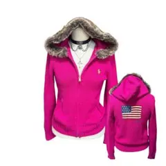 希少 RALPH LAUREN 星条旗 ロゴ ファー付 ニット ジップパーカーのサムネイル