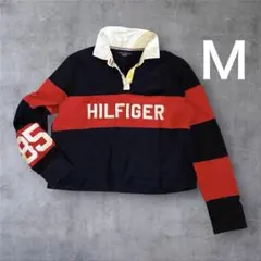 TOMMY HILFIGER ラガーシャツ クロップド丈 ビッグロゴ 紺✖️赤　M