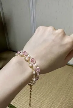 ピンクビーズとパールのブレスレット2本セット