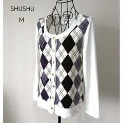 新品　SHUSHU アーガイル ダイヤ柄長袖カーディガン Mサイズ