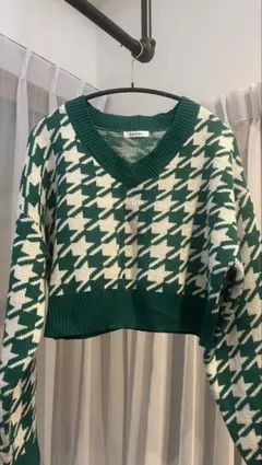 INGNI 緑と白のハウンドトゥースセーター