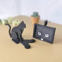 猫（黒猫）モチーフの癒やし名札ホルダー ＆ 猫スタンド【3Dプリント】