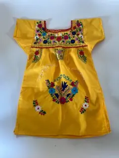 メキシコ製 花柄刺繍の黄色いワンピース 100cm~