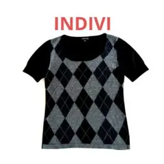 INDIVI インディヴィ アーガイル柄 半袖ニット M モノトーン ウール混