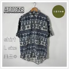 【美品】総柄 シャツ 半袖 幾何学柄 ブルー コットン 古着 レトロ ゆるだぼ