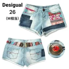 訳あり★Desigual デシグアル 刺繍パッチワークデニムショートパンツ 26