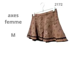 axes femme ブラウン チェック柄 フレアスカート 可愛い M レース