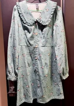 SHEIN　花柄コーデュロイ長袖ミニワンピース　ブルーグリーン　M　美品