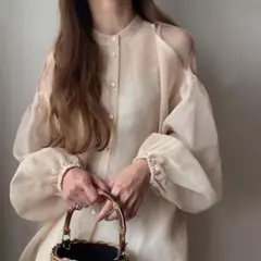ベージュ シフォン バルーンスリーブ シアーシャツ
