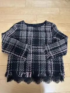 ZARA BASIC ツイード柄フリンジ長袖トップス M