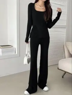 SHEIN DAZYスクープネックセーター&ニットパンツ、セットアップレディース