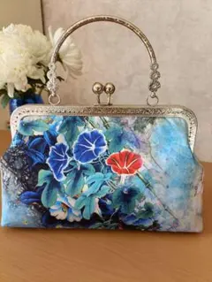 ハンドメイド がま口 花柄布製ハンドバッグ