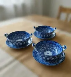 龍峰窯 三洋陶器 花風流 台皿付きスープカップ 3客 有田焼 スープ皿