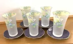 庫山窯 彩花 すりガラス 一口冷茶 グラス コップ ソーサー 小皿 5客セット
