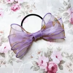 Bear柄　オーガンジー　ヘアゴム　レディースリボン　キッズリボン　シアーコーデ