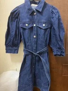 デニムワンピース パフスリーブ 半袖 ベルト付きのサムネイル