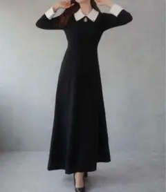 JUNOAH バイカラーセミフレアニット ワンピース 黒