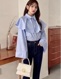 GRL ケープカラーワイドスリーブシャツ　新品 ブラウス フリル ブルー 水色