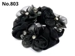 ハンドメイド お花 シュシュ ヘアゴム フラワー ビーズ ブラック803