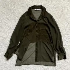 ZARA ザラ　シアー長袖ブラウス　シャツ　オーガンジー　ダークグリーン　カーキ