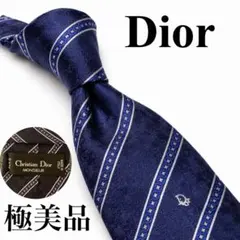 極美品Christian Dior ネクタイ CDロゴ柄 総柄ネイビーブルー光沢