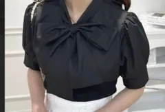 여성용 탑 보우 블라우스 셔츠 반팔 미니 길이 블랙 사이즈 F