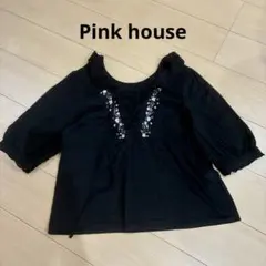 ピンクハウス　ブラック　花柄　刺繍　五分袖　トップス　ブラウス