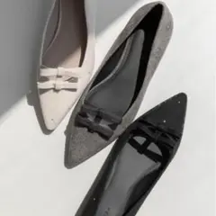 【美品】Randa ランダ　フラット　パンプス　リボン　黒　22.0