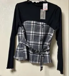 長袖トップス ブラック×グレーチェック柄
