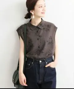 IENA ストライプフラワーノースリーブシャツブラウス　38 イエナ