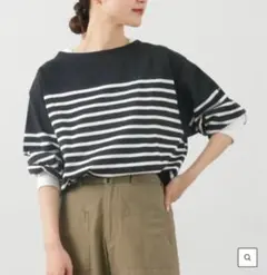 【美品】KHA:KI カーキ　バスクシャツ　黒×白 8分袖　パネル ボーダー