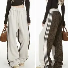 2XL 裏起毛　豹柄ワイドパンツ　スウェット　サイドライン レオパード オシャレ