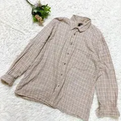 チェック柄ネルシャツ 長袖 ベージュ L コットン100% 厚手 海外古着