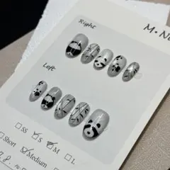 【現品・S】 ネイルチップ オーバル　パンダ　動物　絵　マグネット　ジェルネイル