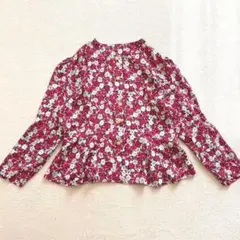 花柄ペプラム風ブラウス　総柄　裾フレア　昭和レトロ　古着　ビンテージ　前開き