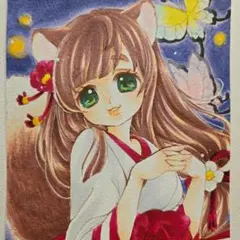 手描きイラスト　★オリジナル★　たぬき巫女　小色紙　アナログ