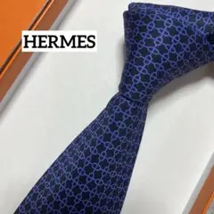 美品　エルメス　ネクタイ　黒・紺　シェーヌダンクル　H柄リンク