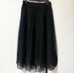 レースチュールプリーツスカート フレアロングスカート ブラック