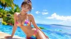 オリジナルデジタルアート レインボービキニ美女写真Lサイズファイルで発送