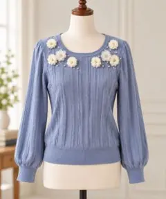 axes femme ニット 花モチーフ ブルー 長袖